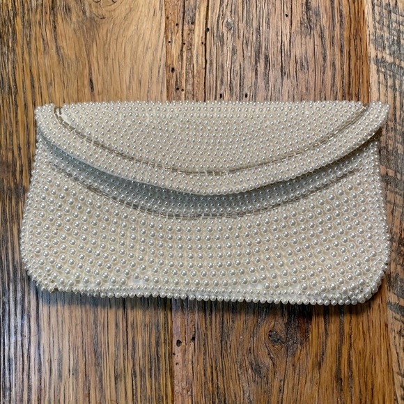 Vintage 50's 60's White Beaded Clutch Evening Bag Pearl Embellished Handbag Y2K - Picture 1 of 8